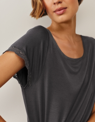 Jersey Scoop Neck Lace Trim Pyjama Set - Graphite