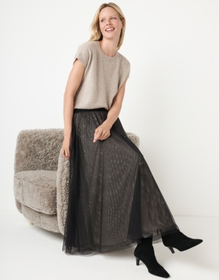 Jersey Tulle Midi Skirt - Black