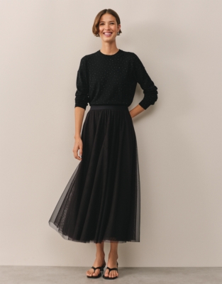 Jersey Tulle Midi Skirt