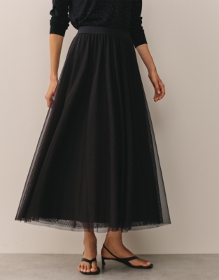 Jersey Tulle Midi Skirt - Black