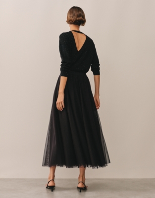Jersey Tulle Midi Skirt - Black