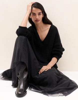 Jersey Tulle Midi Skirt - Charcoal
