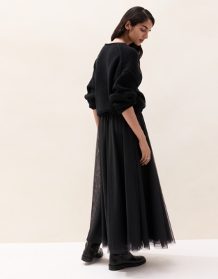 Jersey Tulle Midi Skirt - Charcoal