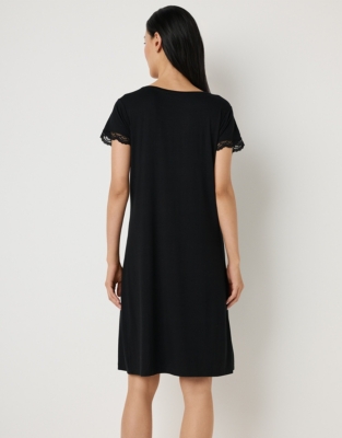 Jersey V-Neck Lace Nightgown - Black