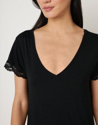 Jersey V-Neck Lace Nightgown - Black