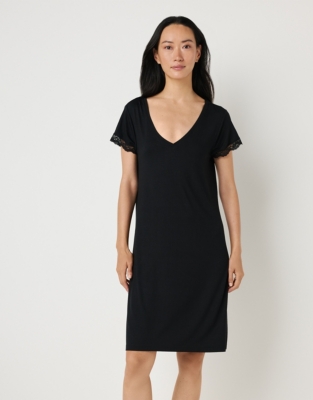 Jersey V-Neck Lace Nightgown - Black