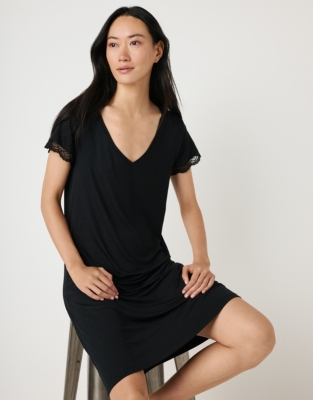 Jersey V-Neck Lace Nightgown - Black