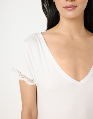 Jersey V-Neck Lace Nightie - Ivory