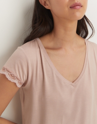 Jersey V-Neck Lace Pyjama Set - Vintage Pink