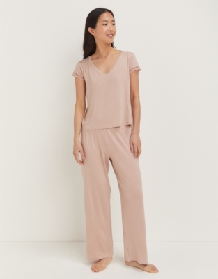 Jersey V-Neck Lace Pyjama Set - Vintage Pink