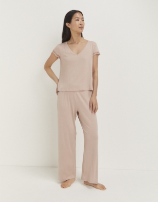 Jersey V-Neck Lace Pyjama Set - Vintage Pink
