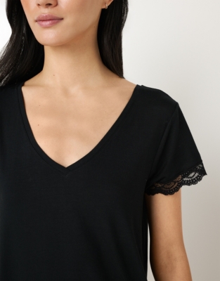 Jersey V-Neck Lace Pyjama Set - Black