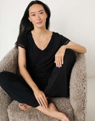 Jersey V-Neck Lace Pyjama Set - Black