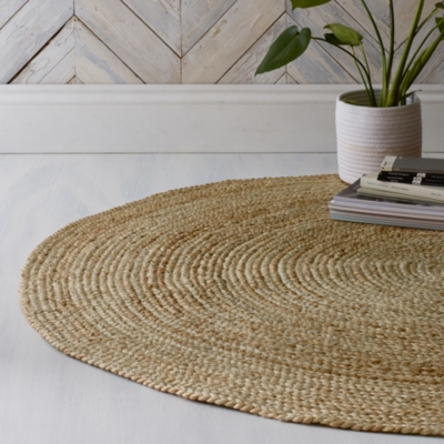 Oval Braided Jute Rug in Cream White, Grey, Black, Navy Blue