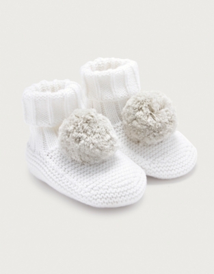 Knitted Pom-Pom Booties, White, 6-12M