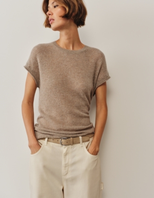 Layering Cashmere Extended Shoulder T-shirt - Hot Chocolate