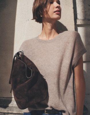 Layering Cashmere Extended Shoulder T-shirt - Hot Chocolate