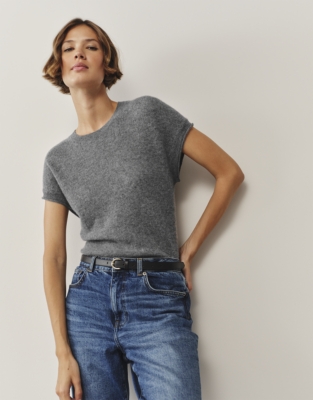 Layering Cashmere Extended Shoulder T-shirt - Grey Marl