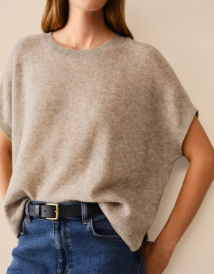 Layering Cashmere Extended Shoulder T-shirt - Oatmeal Marl