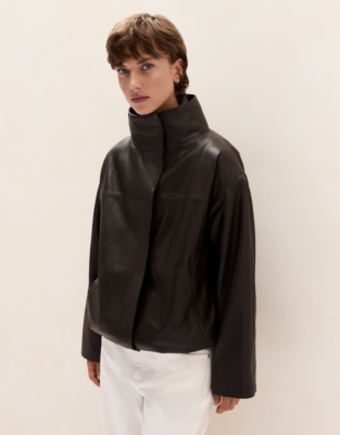 Leather Funnel Neck Bomber Jacket