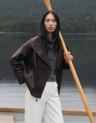Leather Funnel Neck Bomber Jacket