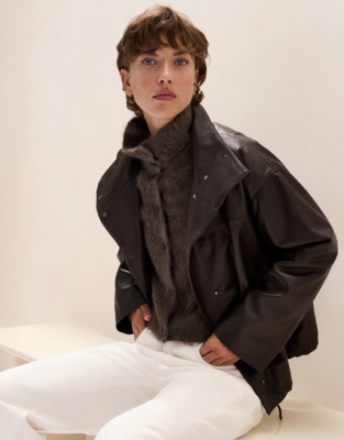 Leather Funnel Neck Bomber Jacket
