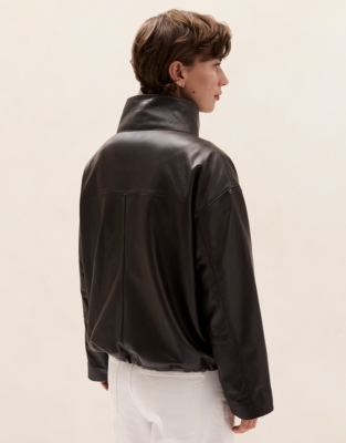 Leather Funnel Neck Bomber Jacket