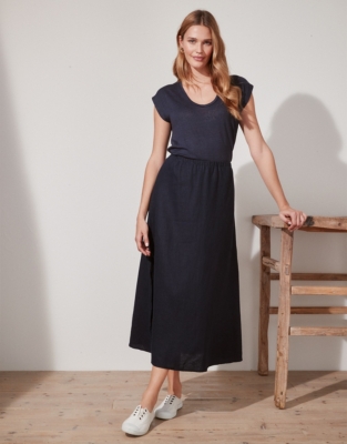 navy linen midi skirt