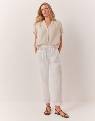 Linen Belted Tapered Pants - White