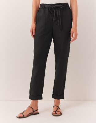 Linen Belted Tapered Pants - Black