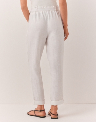 Linen Belted Tapered Trousers - White