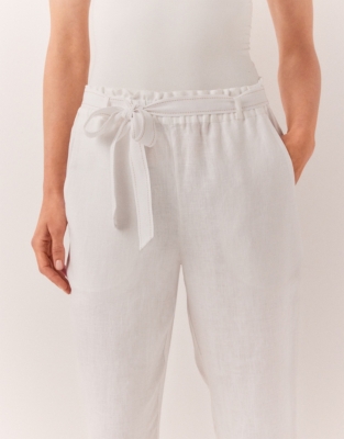 Linen Belted Tapered Trousers - White