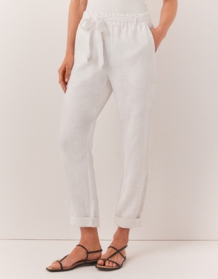 Linen Belted Tapered Trousers - White