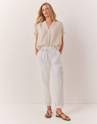 Linen Belted Tapered Trousers - White