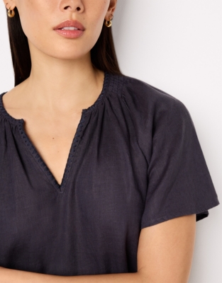 Linen Blanket Stitch Detail Dress - Ink