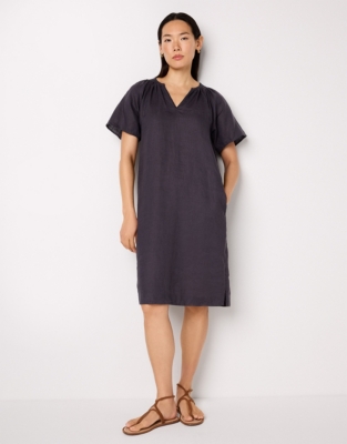 Linen Blanket Stitch Detail Dress - Ink