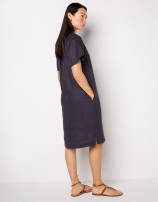 Linen Blanket Stitch Detail Dress - Ink