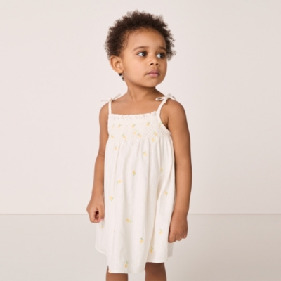 Linen Blend ‘Lemon’ Hand Smocked Embroidered Dress (0–18mths)