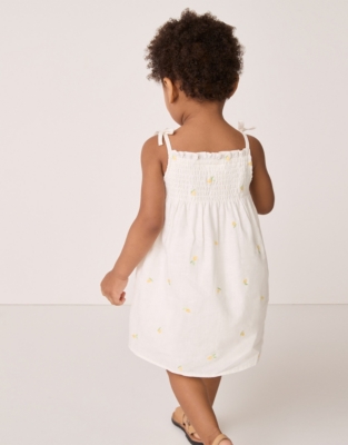 Linen Blend ‘Lemon’ Hand Smocked Embroidered Dress (0–18mths)