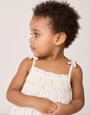 Linen Blend ‘Lemon’ Hand Smocked Embroidered Dress (0–18mths)