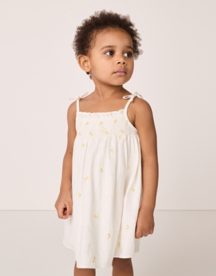 Linen Blend ‘Lemon’ Hand Smocked Embroidered Dress (0–18mths)