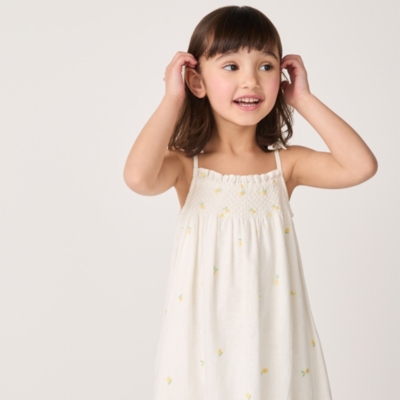 Linen Blend ‘Lemon’ Hand Smocked Embroidered Dress (18mths–6yrs)