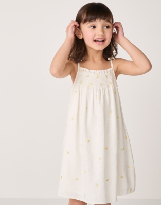 Linen Blend ‘Lemon’ Hand Smocked Embroidered Dress (18mths–6yrs)