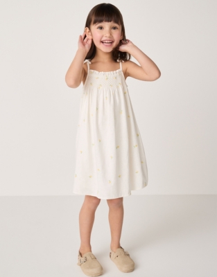 Linen Blend ‘Lemon’ Hand Smocked Embroidered Dress (18mths–6yrs)