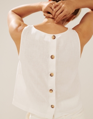 Linen Button Back Shell Top - White