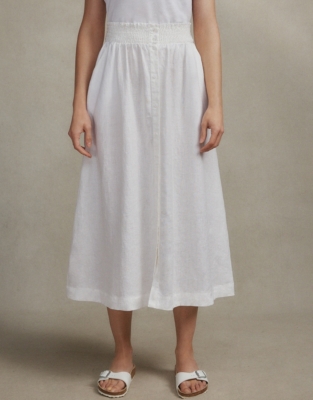 Linen Button Through Smocked Waist Skirt