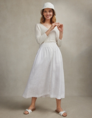 Linen Button Through Smocked Waist Skirt