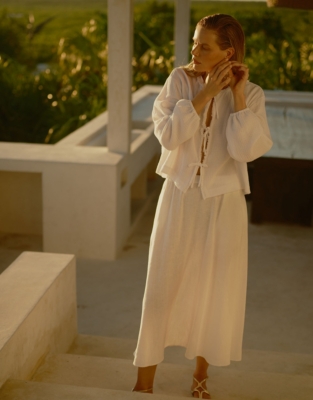 Linen Circle Midi Skirt - White