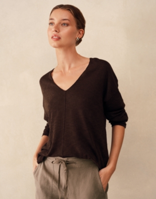 Linen Cotton Deep V-Neck Jumper