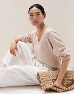 Linen Cotton Deep V-Neck Jumper